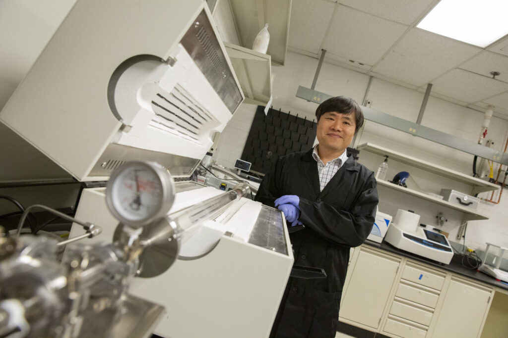 Wonmo Kang, an assistant professor of mechanical engineering in the Ira A. Fulton Schools of Engineering at Arizona State University, in his lab. Kang earned a National Science Foundation Faculty Early Career Development Program (CAREER) Award to develop a novel manufacturing technique for materials with ultrahigh electrical conductivity properties. Photographer: Erika Gronek/ASU