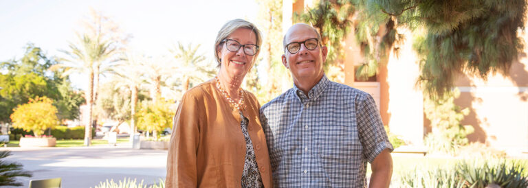 Kathy King, an Arizona State University chemical engineering alumna, and her husband, Scott King. Their career journeys show the diverse applications of engineering and hope it will inspire students in the Ira A. Fulton Schools of Engineering to continually acquire new skills. Photographer: Roger Ndayisaba/ASU