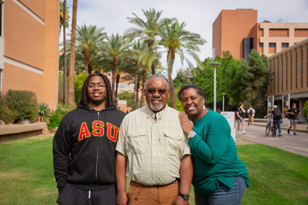 Left to right: Aaron Hall (son), Stanley Hall and Kim Hall (parents). Photographer: Roger Ndayisaba/ASU