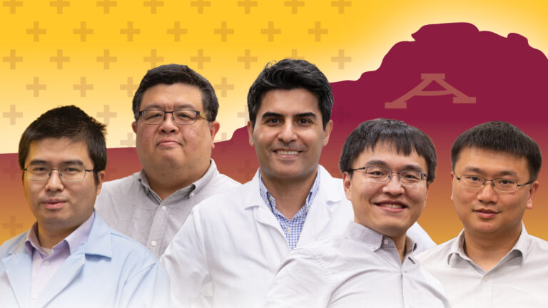 Five faculty members in the Ira A. Fulton Schools of Engineering are receiving more than $2 million in funding from the Arizona Department of Health Services for research to improve health care in the state. (Left to right) Xiangfan Chen, an assistant professor of manufacturing engineering; Kuei-Chun “Mark” Wang, an assistant professor of biomedical engineering; Mehdi Nikkhah, an associate professor of biomedical engineering; Wanxin Jin, an assistant professor of mechanical and aerospace engineering; and Wenlong Zhang, an associate professor of manufacturing engineering, are pictured against a stylized background of “A” Mountain near the ASU Tempe campus. Image created by Sarah Pierson/ASU