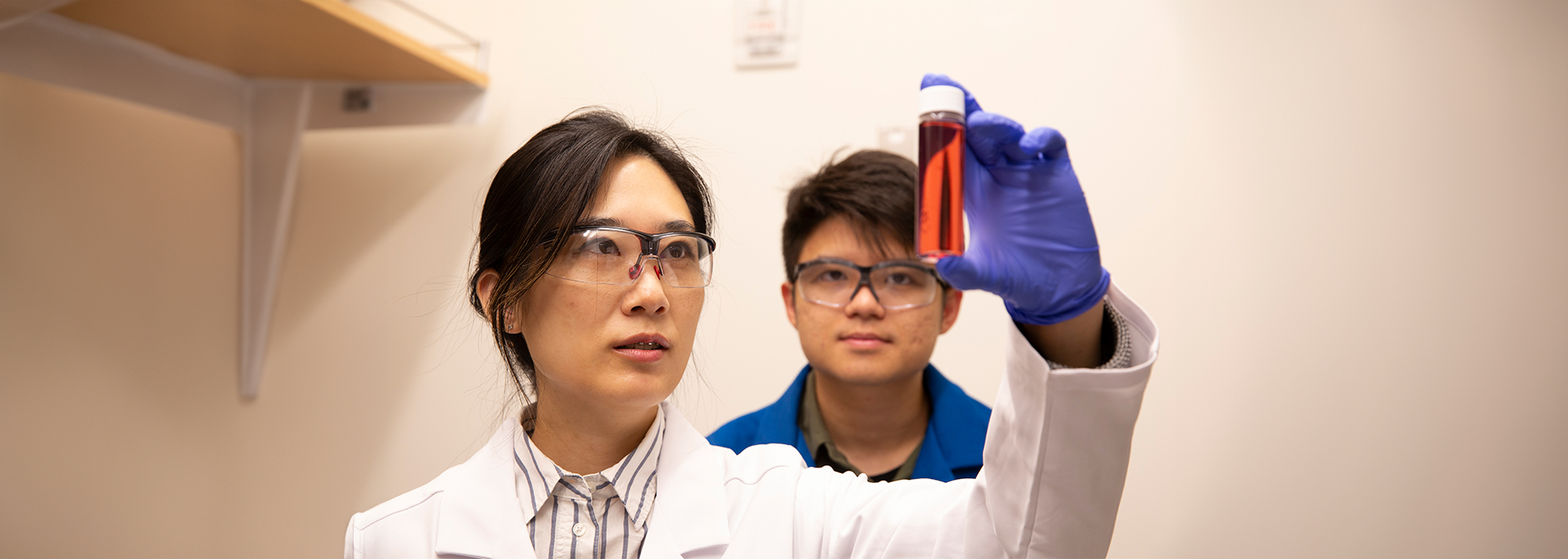 S. Eileen Seo (pictured left), a joint assistant professor of chemical engineering in the School for Engineering of Matter, Transport and Energy and Biodesign Center for Sustainable Macromolecular Materials and Manufacturing, works with one of her students in the ESeo Research Group on Arizona State University’s Tempe campus.